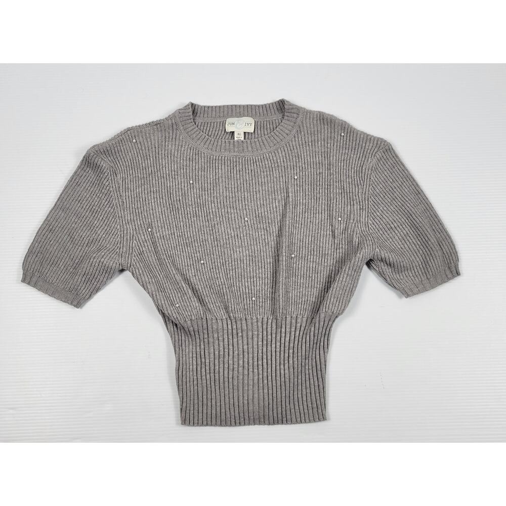 NWT Francesca's Jun &‎ Ivy Heather Gray Beaded Crop Top Ribbed Sweater Womens XL